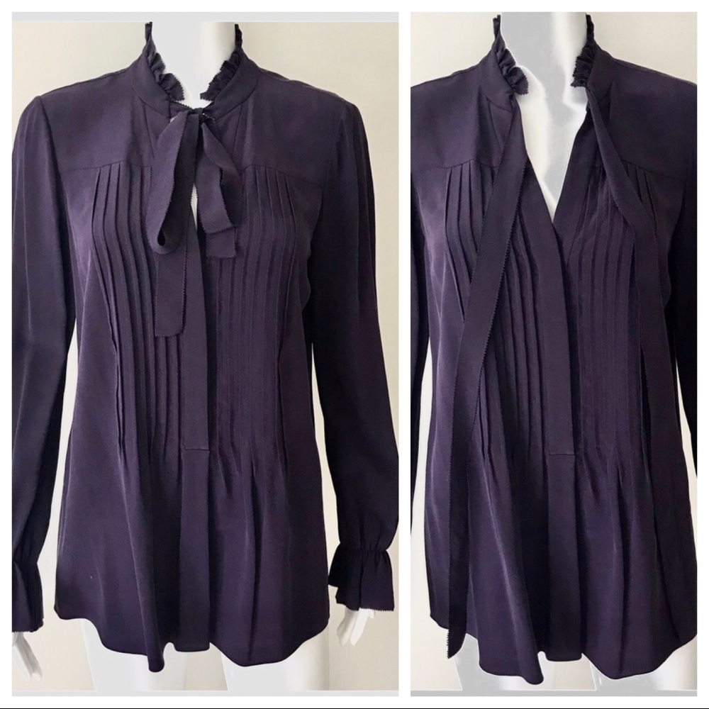 Elie Tahari Silk Long Sleeve Bow Ruffled Top S/P